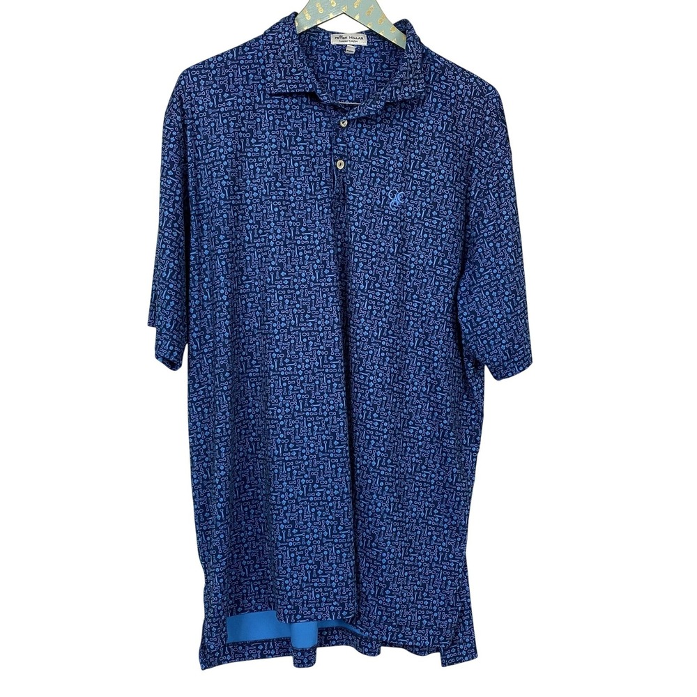 Peter Millar Summer Comfort Polo Shirt Mens XL Blue Golf All Over Print AOP Logo